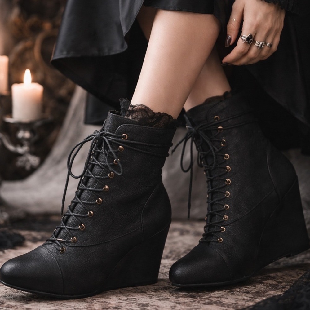 Joie Black Leather Lace Up Wedge Ankle Boots‎ Side Zip Almond Toe Size 37 - Picture 2 of 11